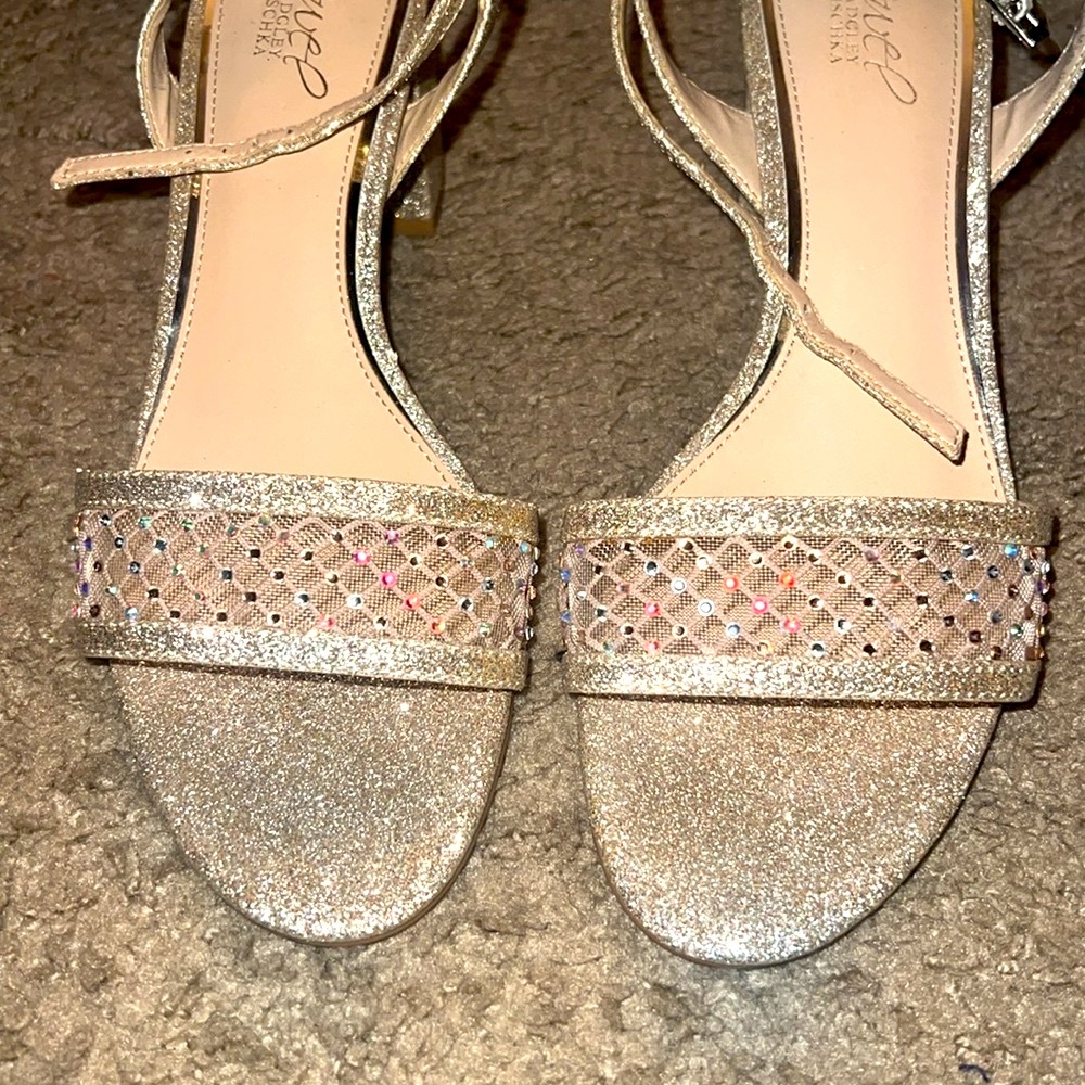 JEWEL BADGLEY MISCHKA Gold Glitter Mesh Block Heel Sandal